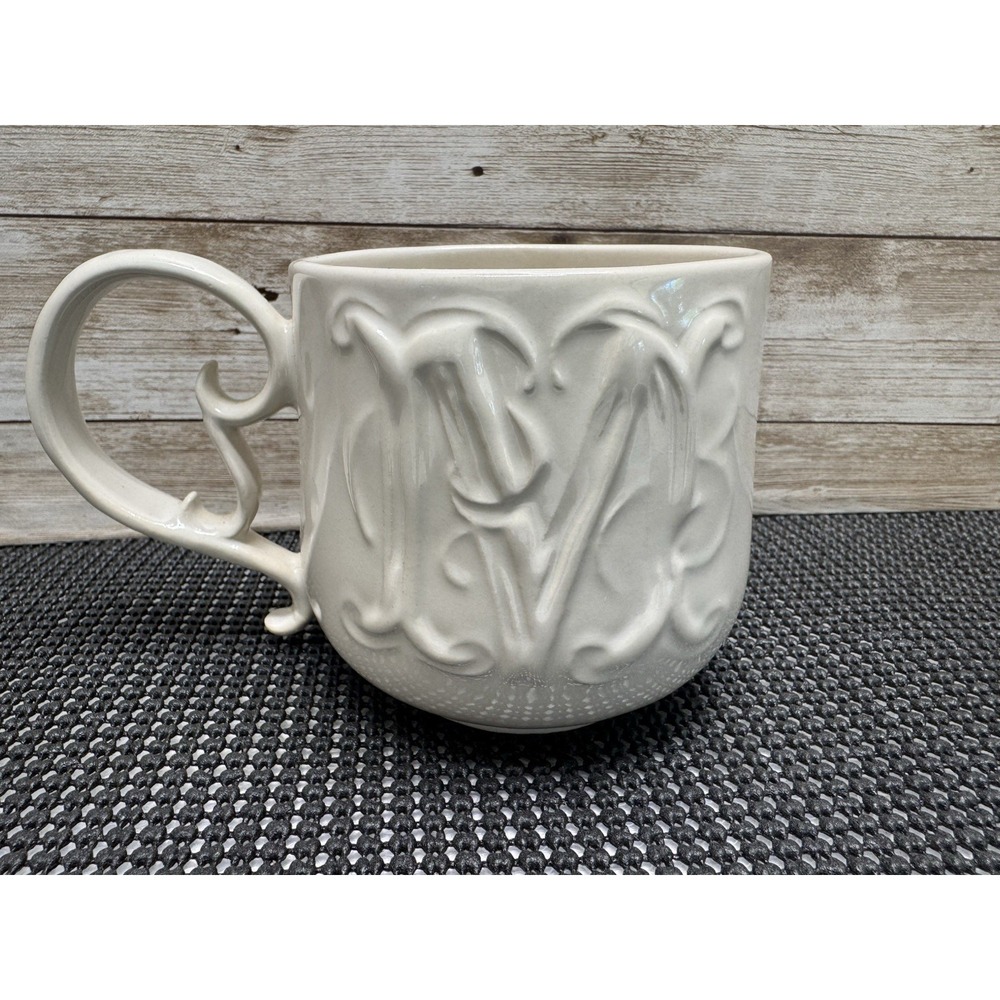 Pottery Barn A-Z MUG "M" 12oz Ivory Coffee Cup Letter Initial Monogram Scroll